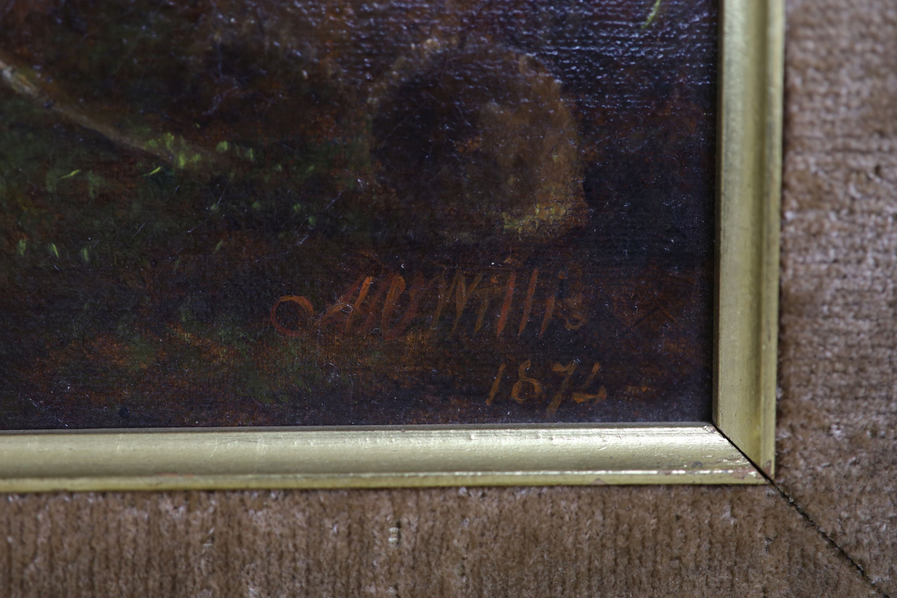 A Willis, 1874, oil on canvas, revellers outside a tavern, signed and dated, 29 x 49cm.